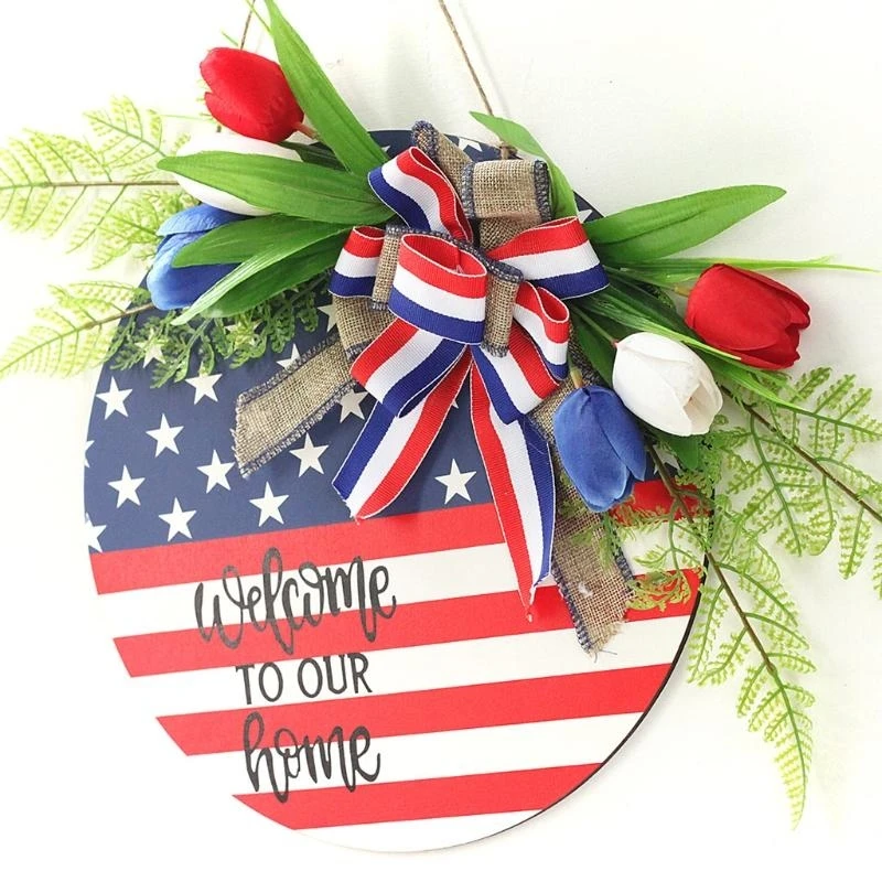 

День независимости 4 июля, американские патриотические дверные венки, вешалка с шелковым цветком, декор для входной двери, знак,
