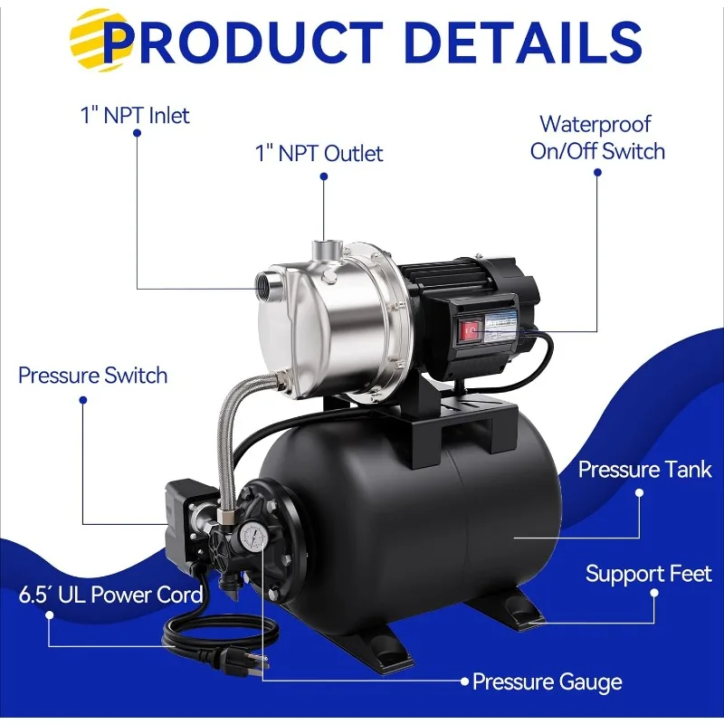 Strona główna.1.6 Pompka płytka ze zbiornikiem ciśnieniowym, stal nierdzewna, automatyczna pompa strumieniowa wspomagająca wodę do domu, ogrodu, trawnika