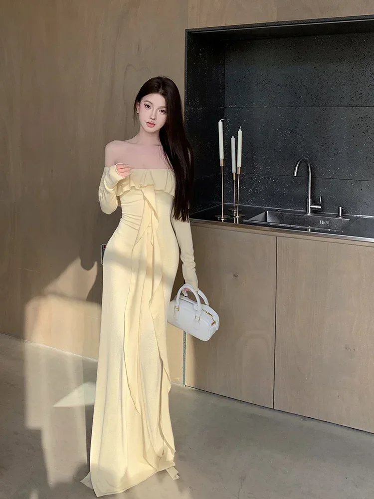 Robe longue fourreau à manches longues pour femmes, robe fendue pour dames, col slash drapé, robe éducative, à la mode, nouveau, printemps