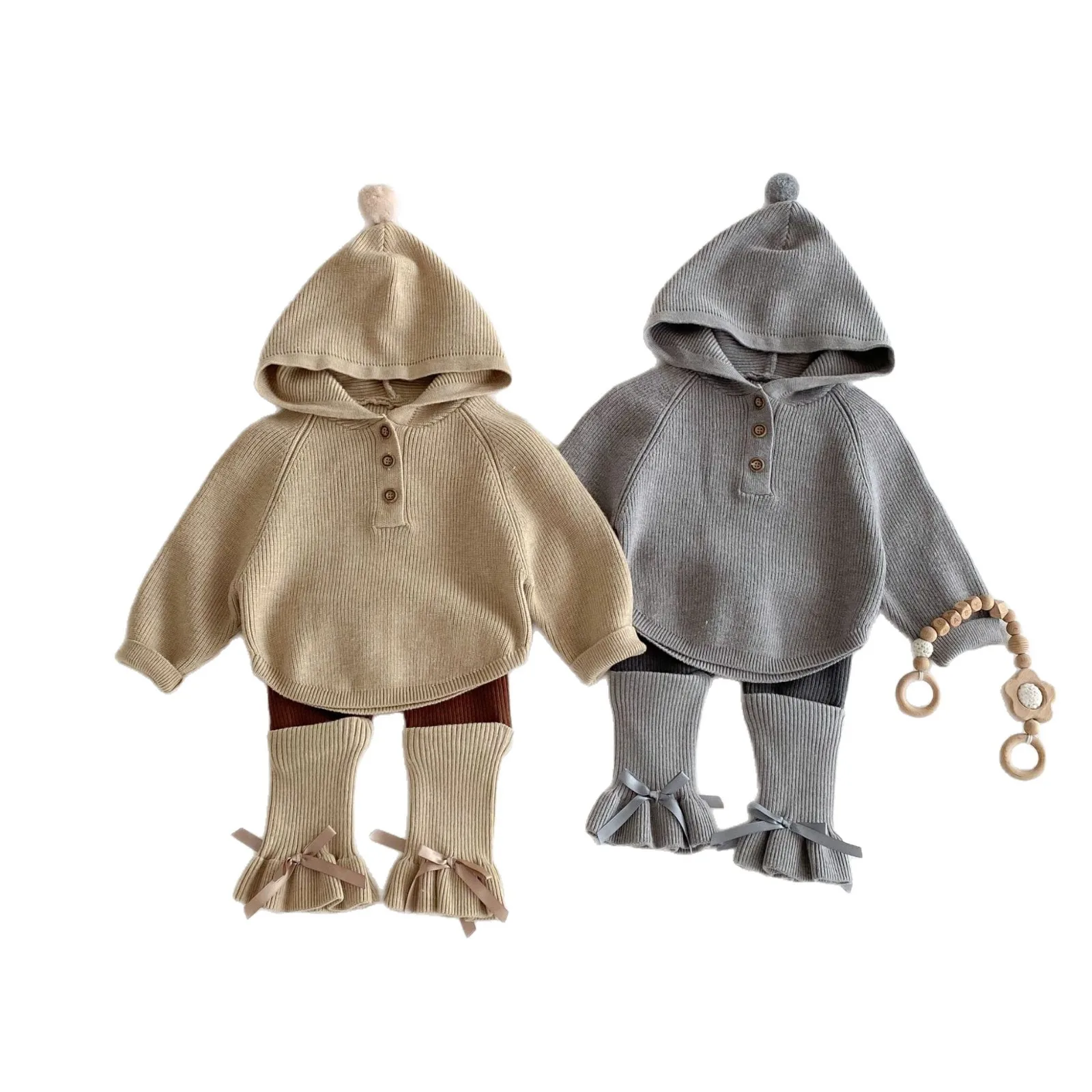 2026 Spring New Baby Long Sleeve Knitted Clothes Set Girls Hooded Sweater + Pants 2pcs Suit Solid Simple Toddler Cotton Outfits 6