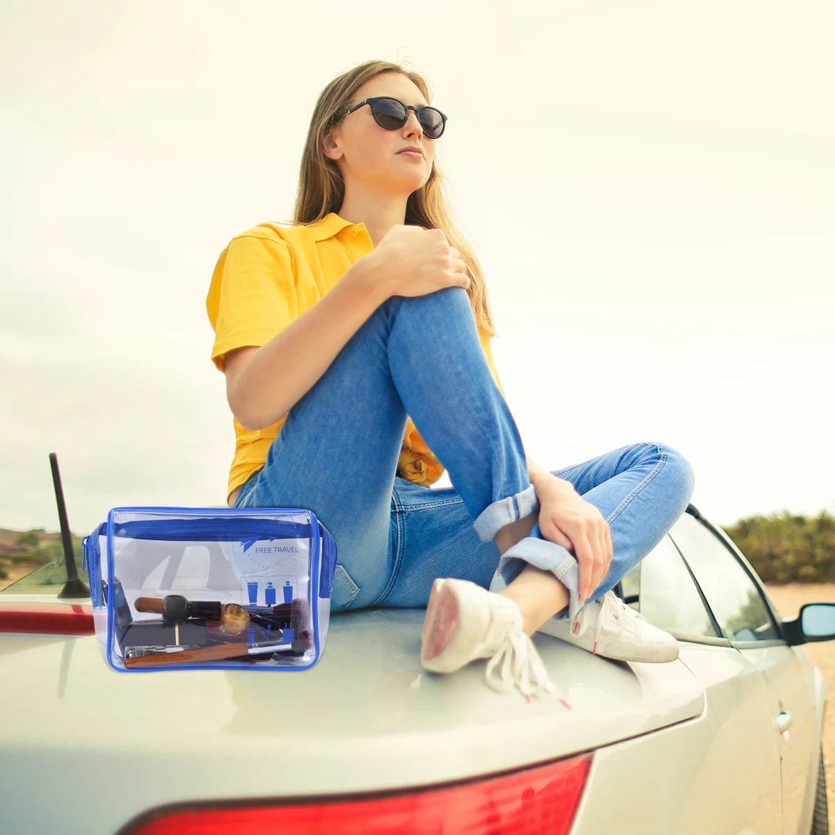 

4pcs Pvc Makeup Bags Waterproof Transparent Zipper Travel Pouch For Women Blue Lightweight Stationery Pencil Case Coin
