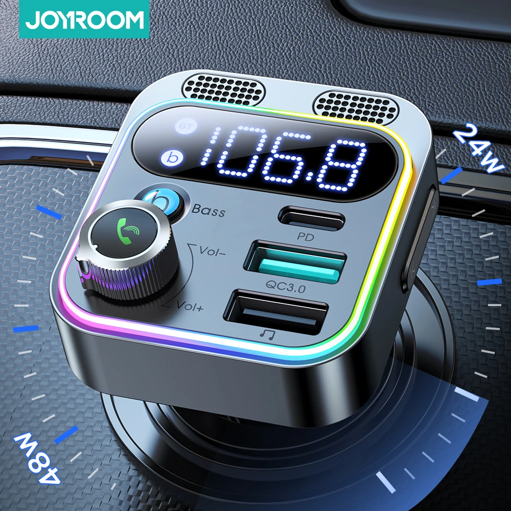 

Joyroom Bluetooth 5.3 Car FM Transmitter Stronger Dual Mics Deep Bass Hi-Fi Stereo 48W PD&QC3.0 Car Charger Bluetooth Adapter