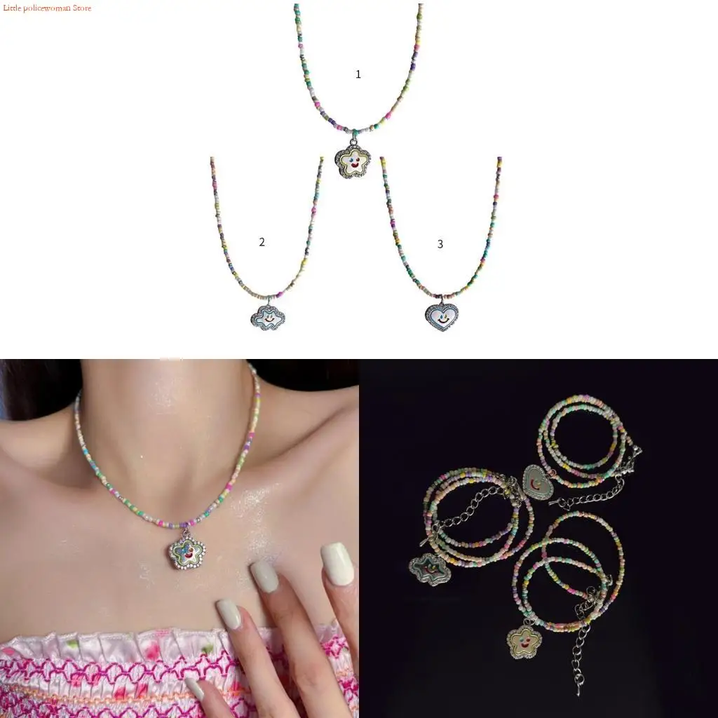 F92D Sweet Star/Cloud/Heart Pendant Necklace Temperament Choker Fashion Jewelry Clavicle Chain Colorful Beaded Necklace