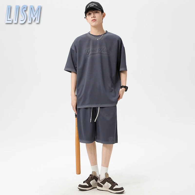 

LISM Summer Shorts Set Mens Casual 2 Piece Sets Korean Fashion Outfits Couple Clothing 2023 Brand New High Street Tracksuits