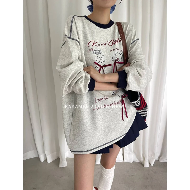 Contrast Lazy Style Loose T Shirts O-neck Bow Print Street Casual Pullovers Tops Fashion Harajuku Women Clothing Spring Autumn