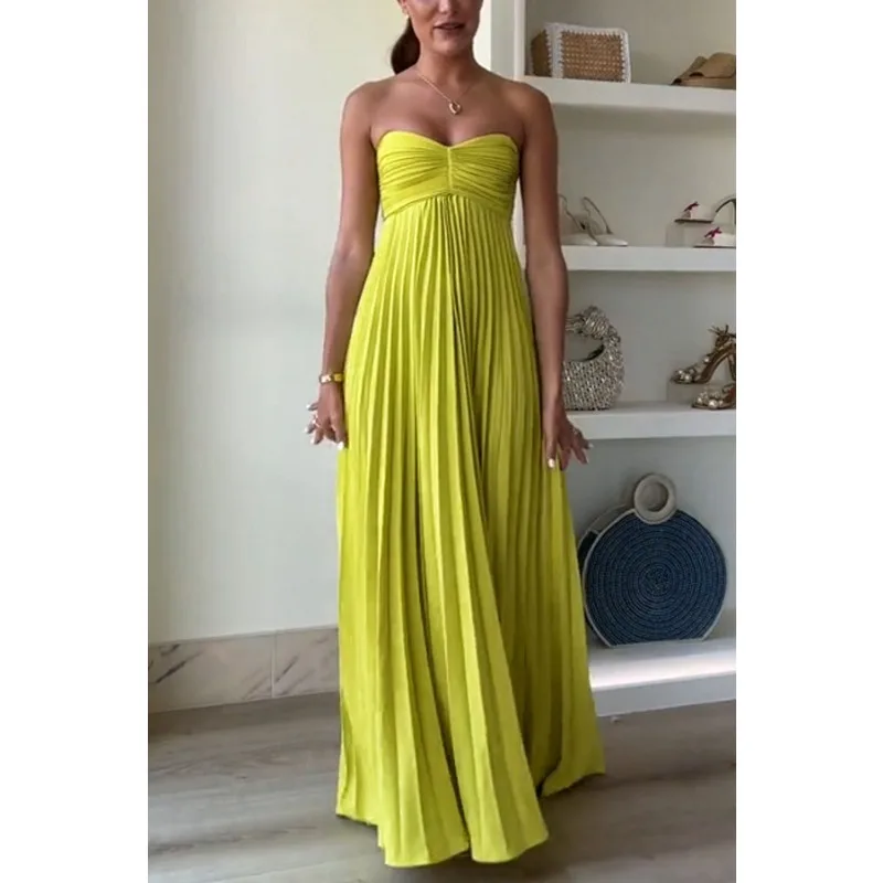 

2024 Summer Autumn Elegant Pleated Strapless Long Dress Women Solid Slash Neck Backless Sleeveless Slim Club Partywear Robe