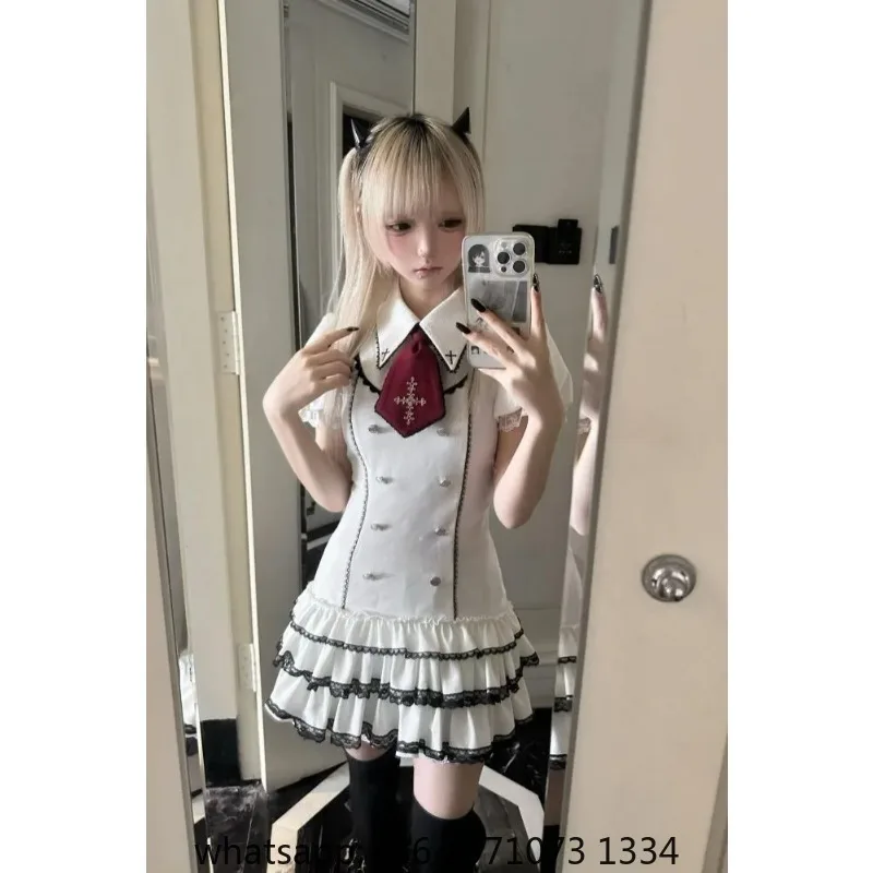 Gothic Lolita Jirai Kei Vintage Plaid Mini Dress Women New Double Breasted Puff Sleeve Cross Decor Harajuku Casual Streetwear