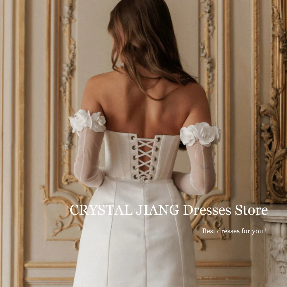 Elegant Short Off the Shoulder Satin Wedding Dresses Full Sleeves Lace Up with Handmade Flowers A Line Knee Length Bridal Gowns