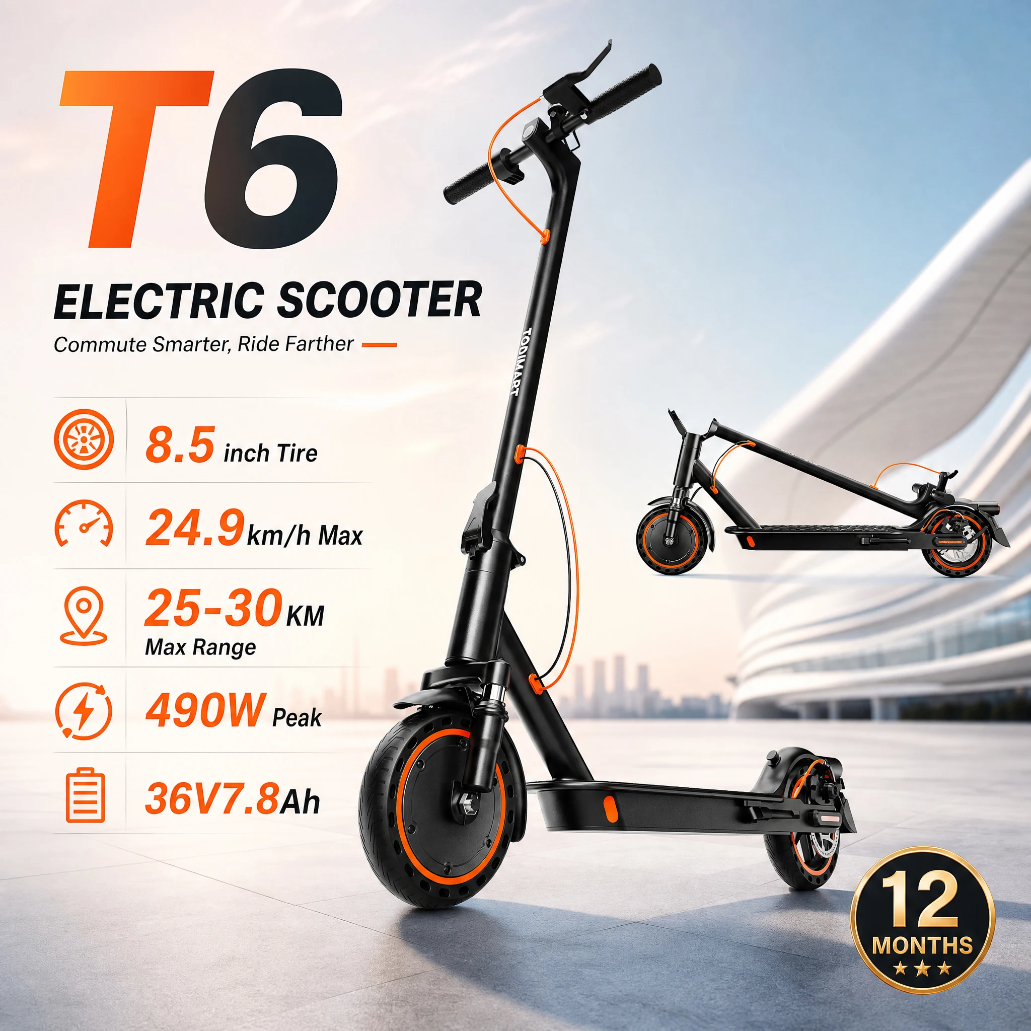 Monopattino elettrico TODIMART T6, monopattino elettrico pieghevole per il trasporto quotidiano con sospensioni anteriori, display LCD e controllo tramite app, autonomia di 25-30 km, velocità massima