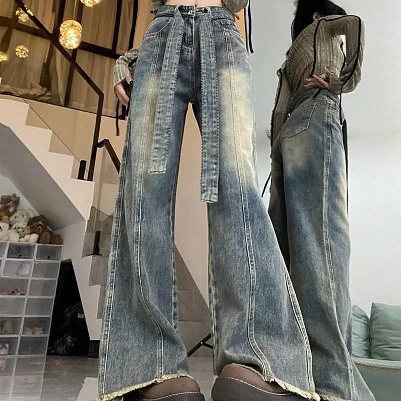 

Stylish Bandage Decor High Waist Button Jeans Autumn Winter Wide Leg Denim Pants Female Casual American Vintage Loose Trousers