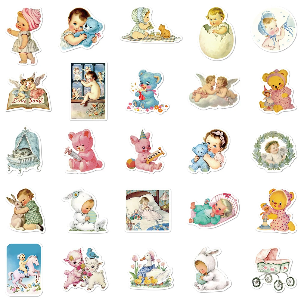 10/30/50 Stück Retro Baby und Bär Graffiti Aufkleber Cartoon Rosa Ästhetische Aufkleber Wasserflasche Gepäck Telefon Aufkleber für Kinder Spielzeug