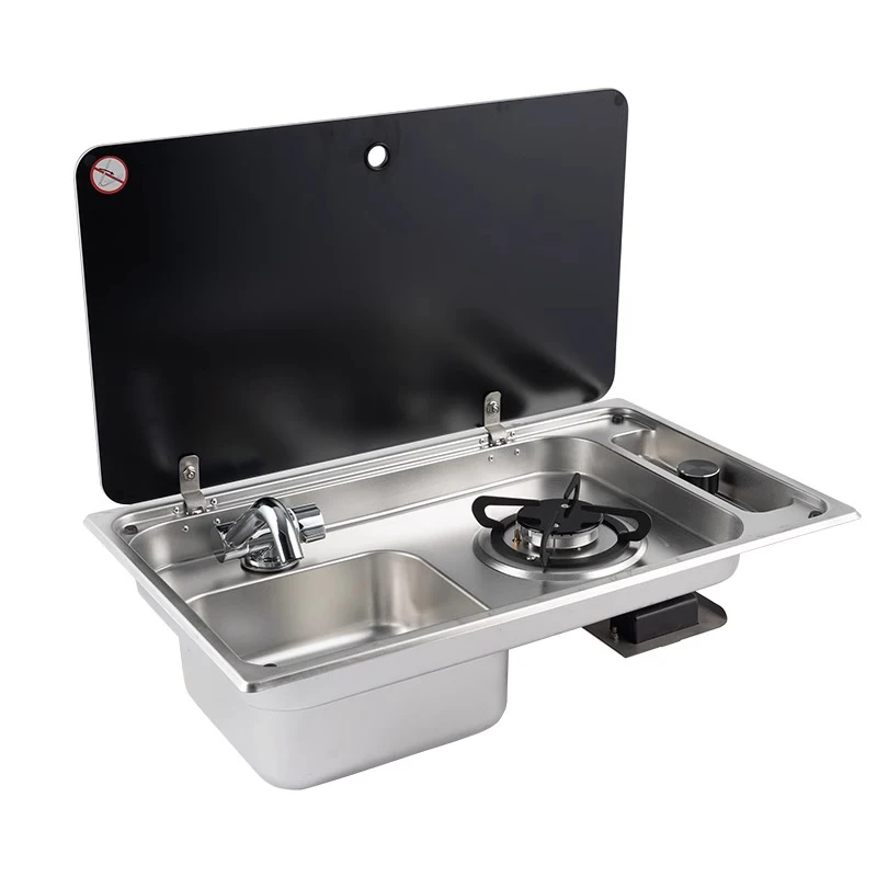 RV Stainless Steel Stove Sink And Induction Cooker Combination Unit With Tempered Glass Lid For Caravan Motorhome Yacht