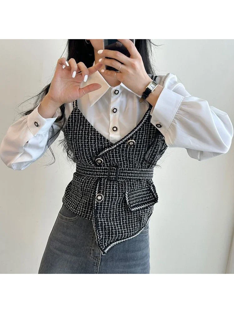 Women Spring Shirt Korean Minority Retro Lapel Splicing Fake Two-piece Lace-up Waist Contrast Long-sleeved Shirt Top D3172