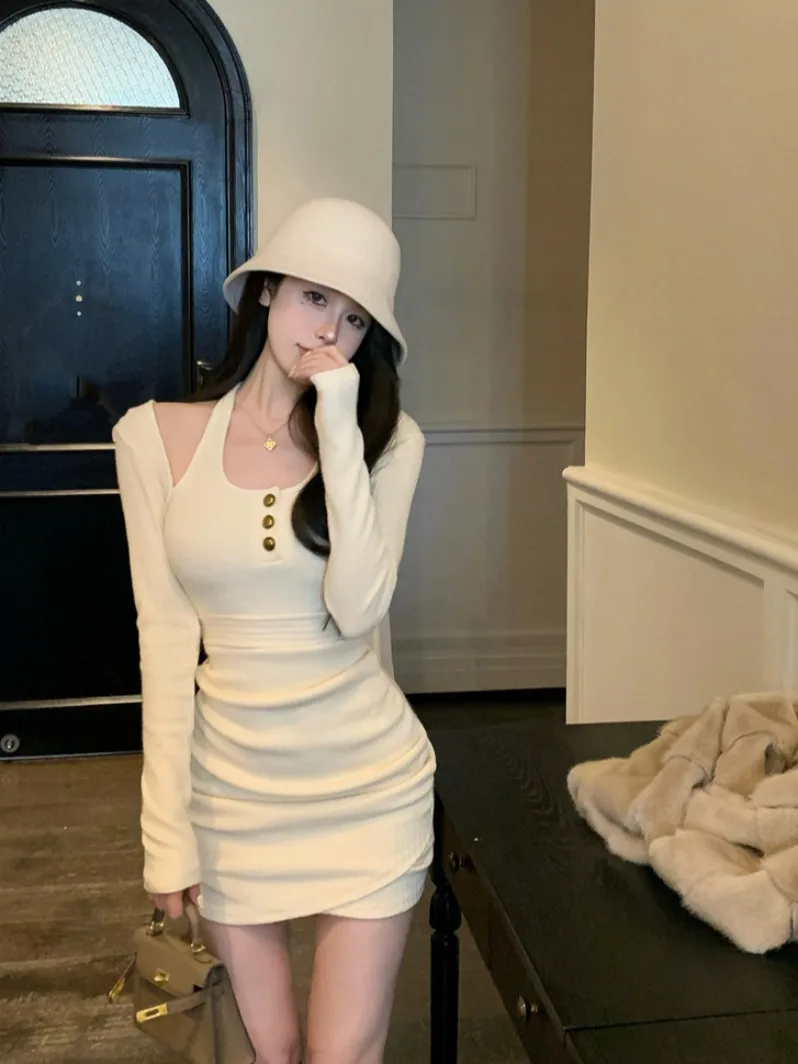 

Ele Pure Desire Ne Hanging Inner Wear Fake Two-Piece Dr Autumn Winter Women's Dstring Asymmetrical Waist Cinching...