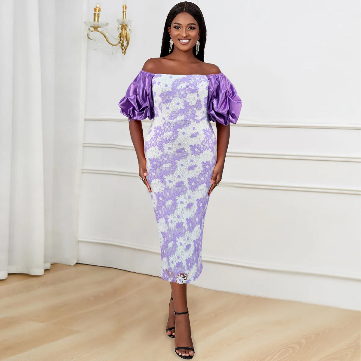 

ICCLEK Elegant Dresses For Women Plus Sizes Dinner Dresses Women Lace Lantern Sleeves Purple Dress Women Bodycon Evening Dress