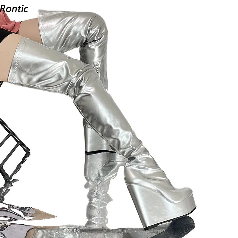 

Rontic Handmade Women Spring Slim Thigh Boots Side Zipper Wedges Heels Round Toe Fabulous Silver Night Club Shoes US Size 5-20