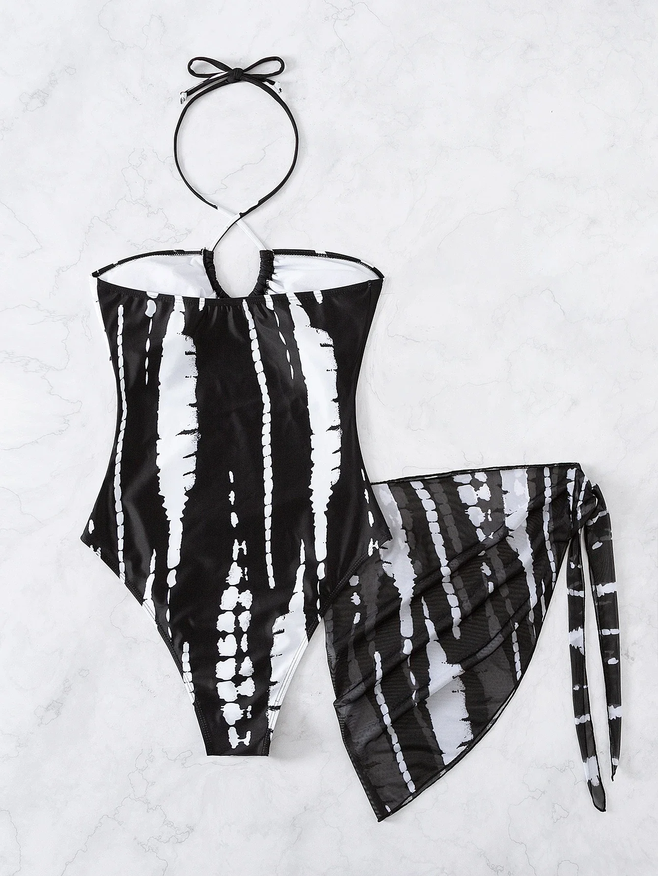 

Tie Dye Cut Out Halter One Piece Swimsuit With Beach Skirt