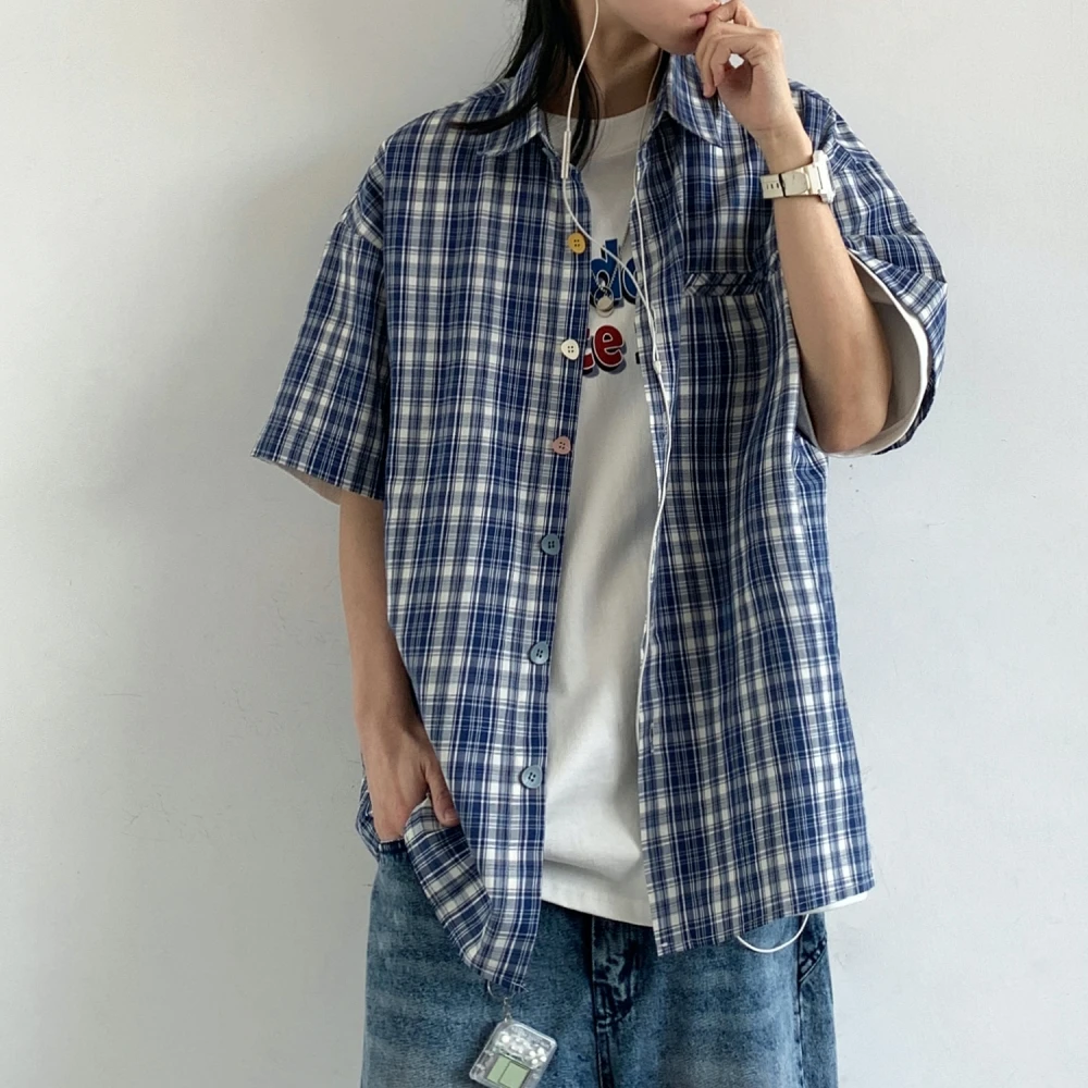 ‌Japanese Style Unisex Summer Checkered Shirt For Men Women Loose Fit Vintage College Trendy Oversize Casual Short Sleeve Top
