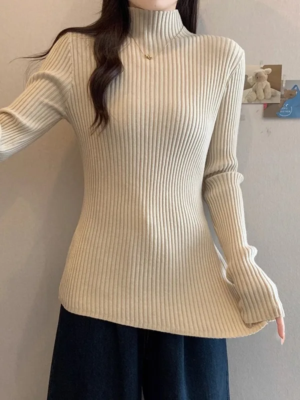 

Thiened f-High Collar Long Sve Knitted Sweater Women's Autumn Winter plus Size Base Layer Asymmetric Top