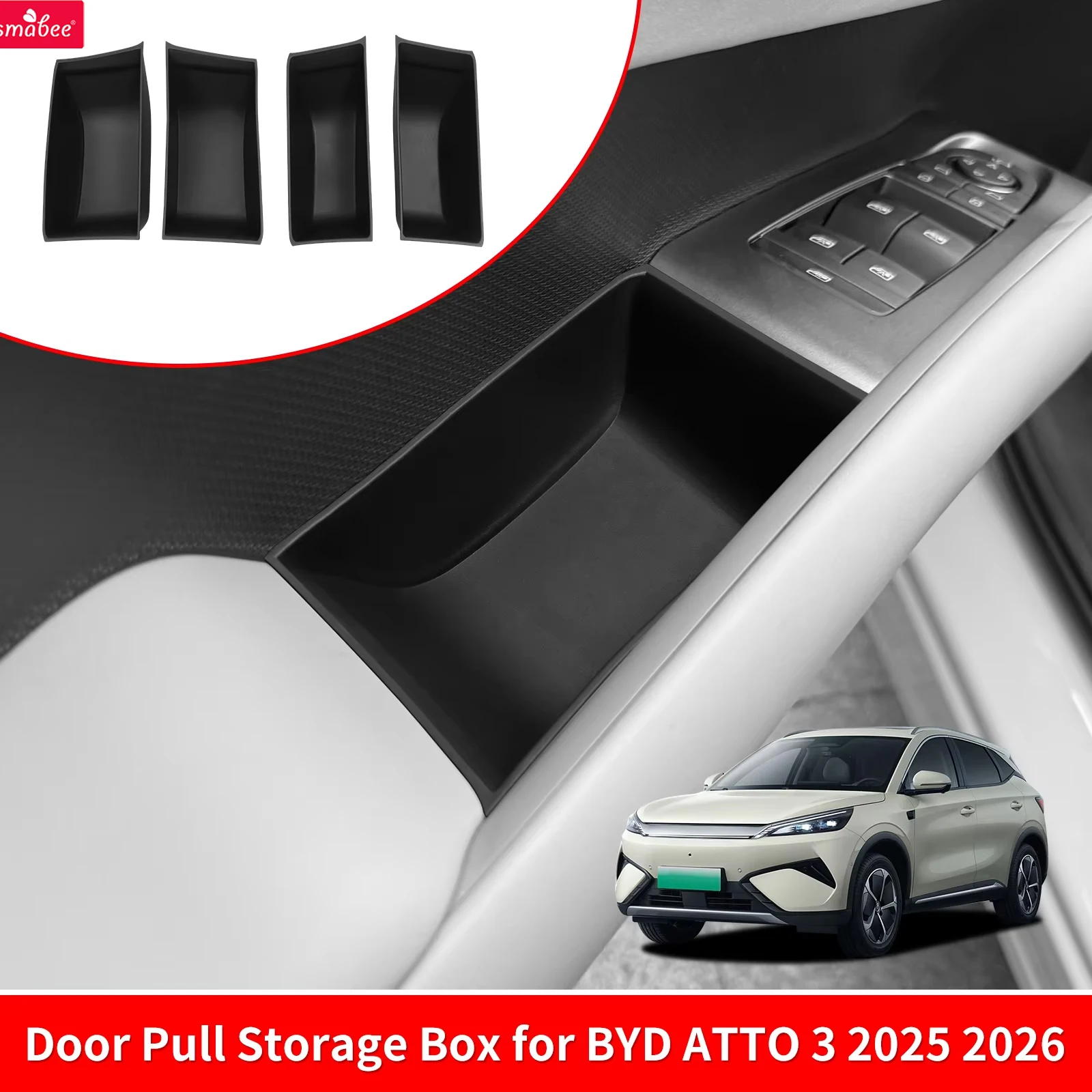 Smabee für BYD ATTO 3 EVO / YUAN PLUS 2025 2026 Auto-Türgriff-Aufbewahrungsbox TPE Vordere und Hintere Türablage Organizer Zubehör