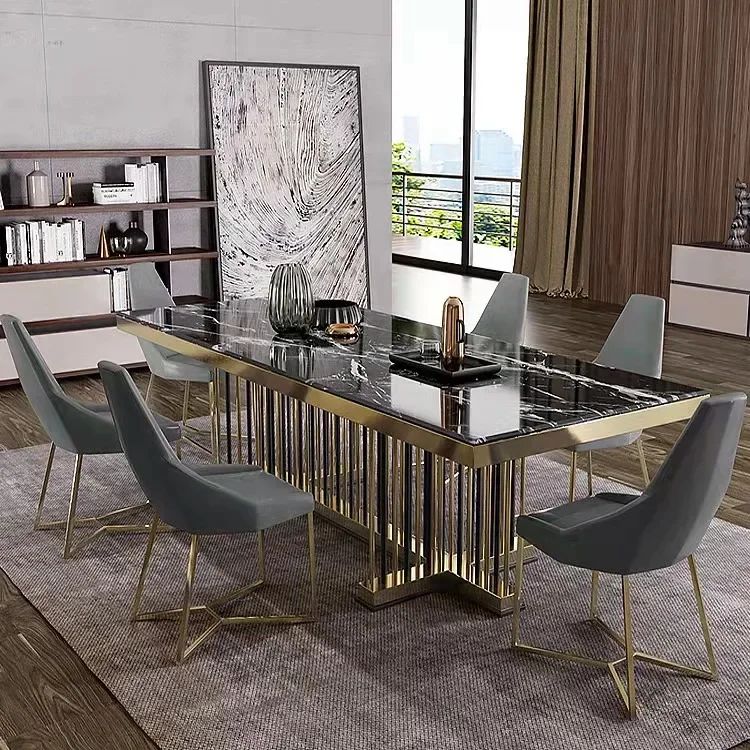 modern luxury rectangular marble top dining table set 4 seater 6 8 dining room furniture Stainless Steel frame dining table set