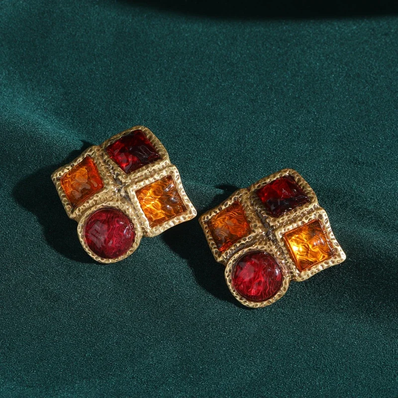 Vintage Big Natural Glass Square Round Stud Earrings Red Orange Antique Jewelry Bronze Gold Color Environmentally Nickel Free