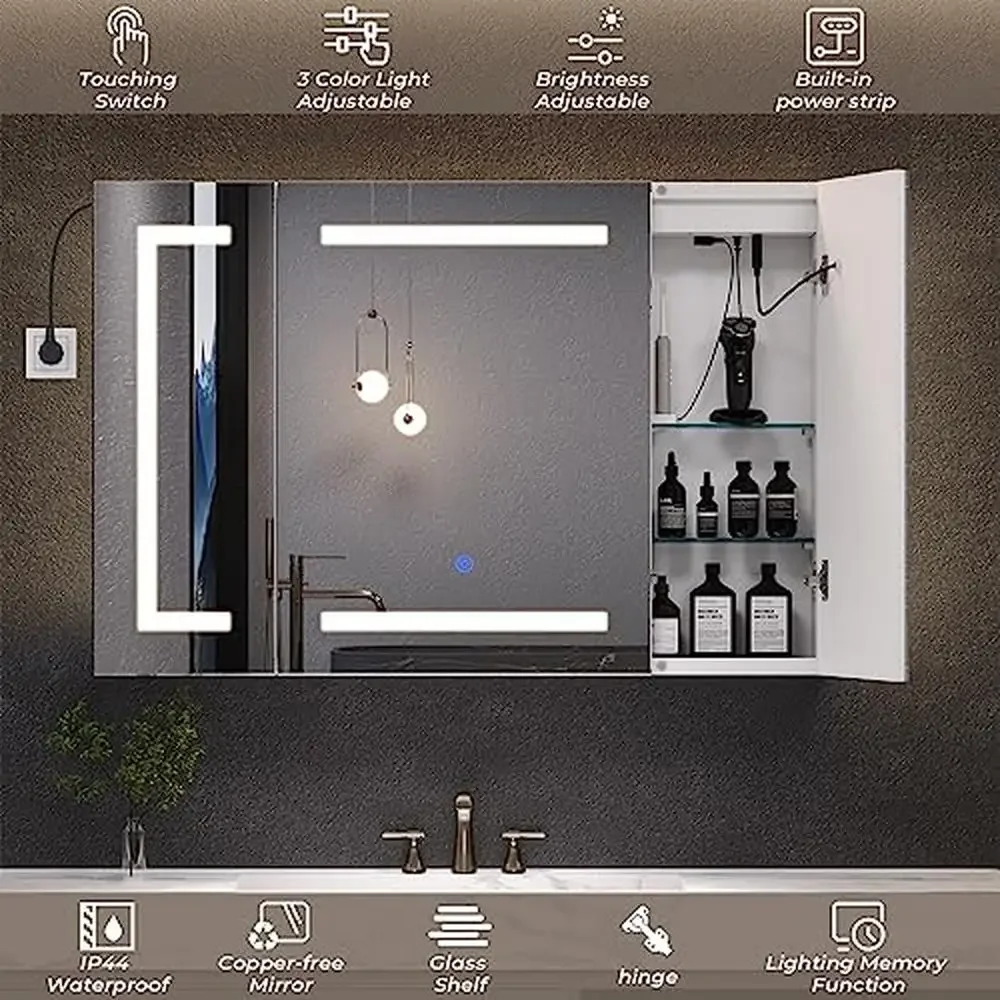 LED Lighted 3-Door Bathroom Wall Mounted Medicine Cabinet Mirror with Storage Iron Material Glass Shelves Rustproof Waterproof