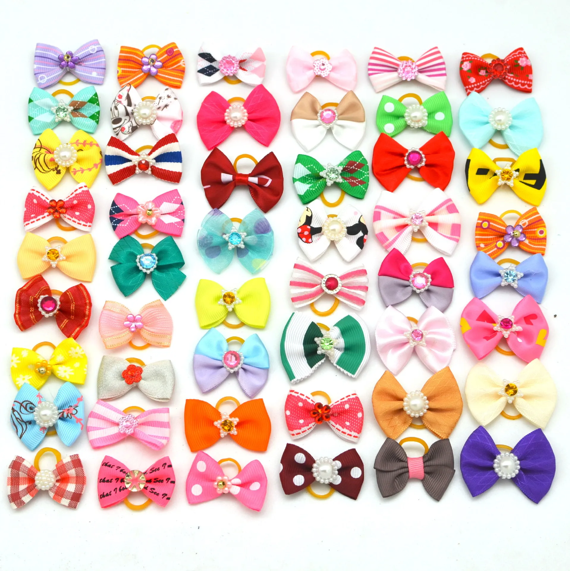 100pcs Cute New Dog Hair Bows Rhinestone Pearls Flowers Topknot Mix Styles Dog Bows Pet Grooming Products Mix Colors