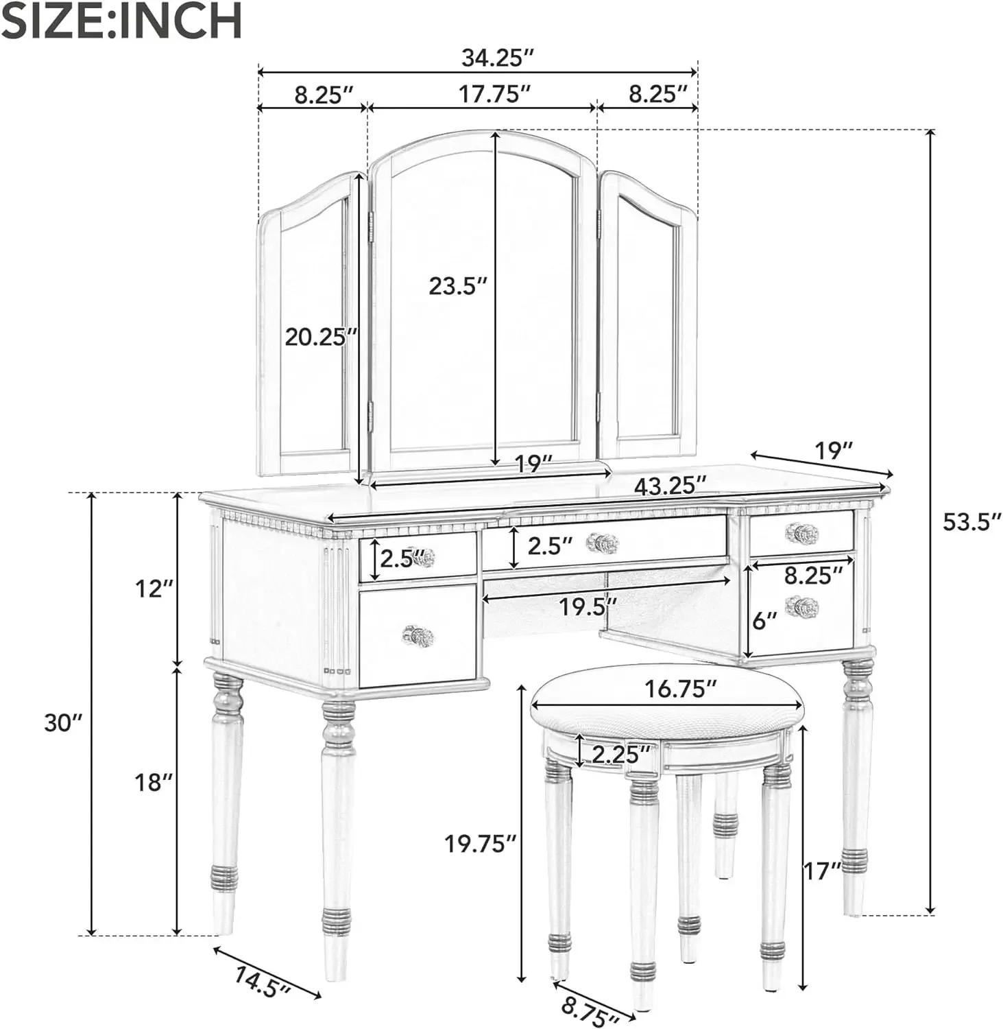 43'' Makeup Vanity Set, Dressing Table Set with Tri-fold Mirror, Makeup Table Desk Set with Mirrored Drawers and Cushi