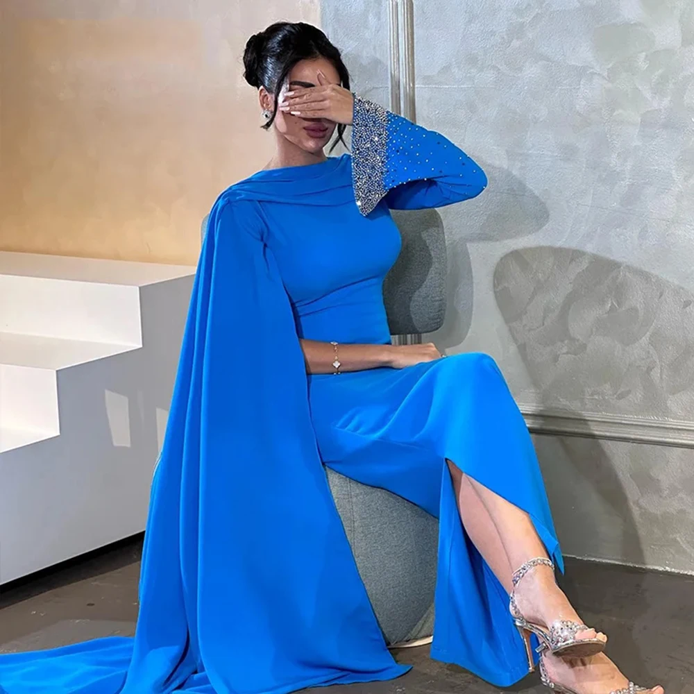 

Customized Elegant Sparkly Blue Jersey Evening Dresses Boat Neckline With Sweep Train Sequined Sheath Ankle Length Prom Gowns