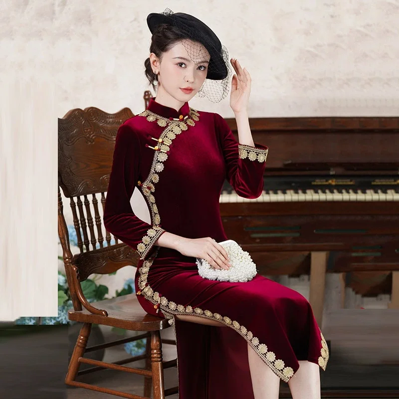 

Traditional Mandarin Collar Qipao Autumn New Long Sleeve Cheongsam Vintage Classic Female Chinese Dress Sexy Vestidos De Festa
