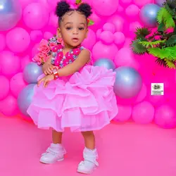 Pink Floral Kids Birthday Party Dresses Customized V Neck Pearls Flower Girl Dresses Tulle Kids Ball Gowns for Wedding