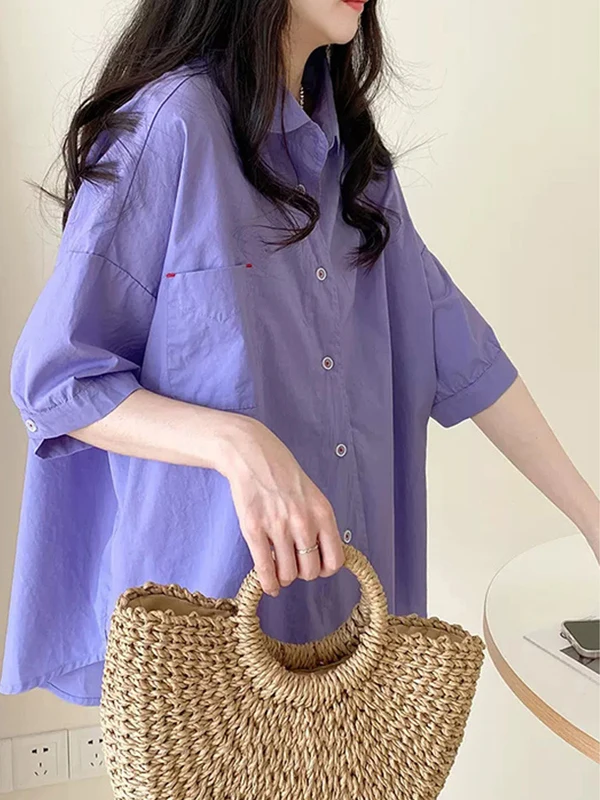 بلوزة صيفية جديدة بمقاسات كبيرة على الطراز الكوري، فضفاضة بقصة A، بأكمام متوسطة الطول وياقة دمية، بلون واحد، مناسبة للأخوات م... #1