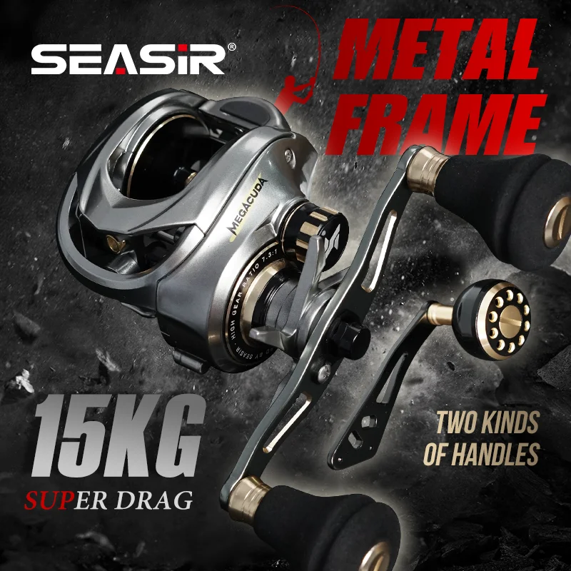 Seasir Megacuda Baitcasting Reel Drag 15KG Deep Spool 6.5:1 Aluminum Frame Carbon Side Double Handle Jigging Metal Reel Seawater