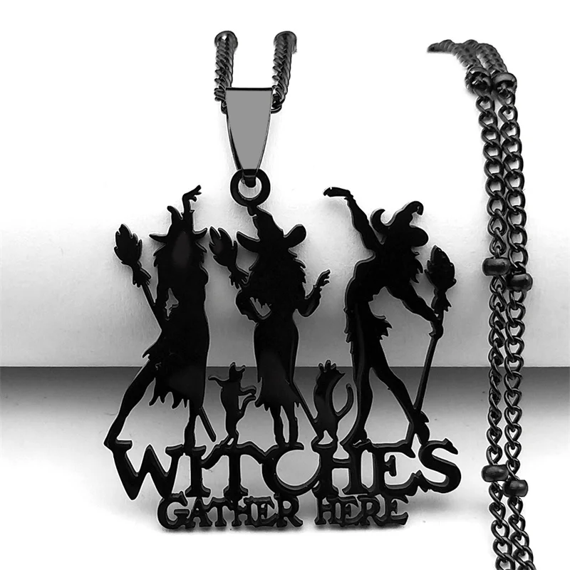 Gothic Witches Gather Here Necklace Women Men Stainless Steel Silver Color Witchcraft Halloween Cat Chain Jewelry collar