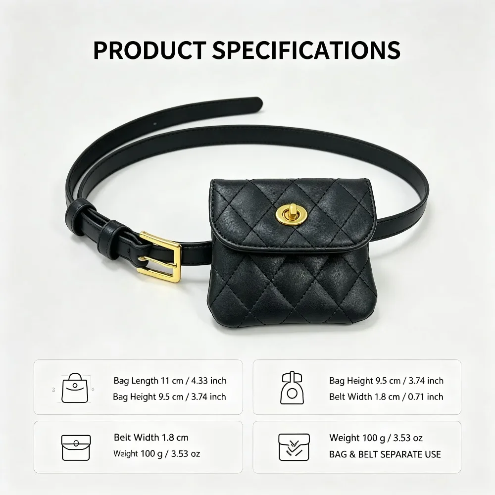 Women Quilted Detachable Waist Bag, Adjustable Belt with Mini Pouch, Gold Hardware Turn Lock Fashion Fanny Pack for Daily Street