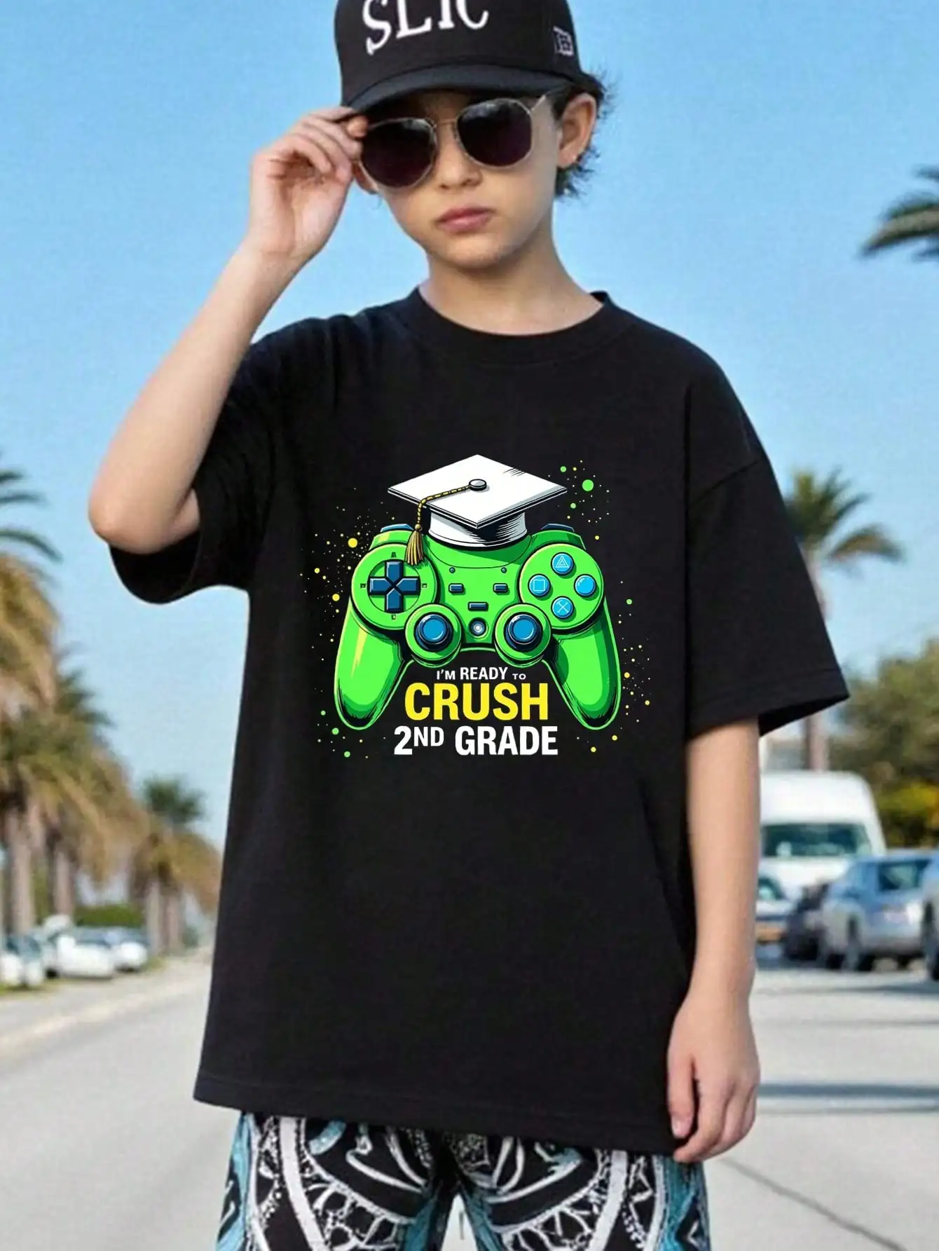 

Boys/Girls Gaming Back To School Cotton Graphic Tees, Black Casual Summer Tops With Controller Design