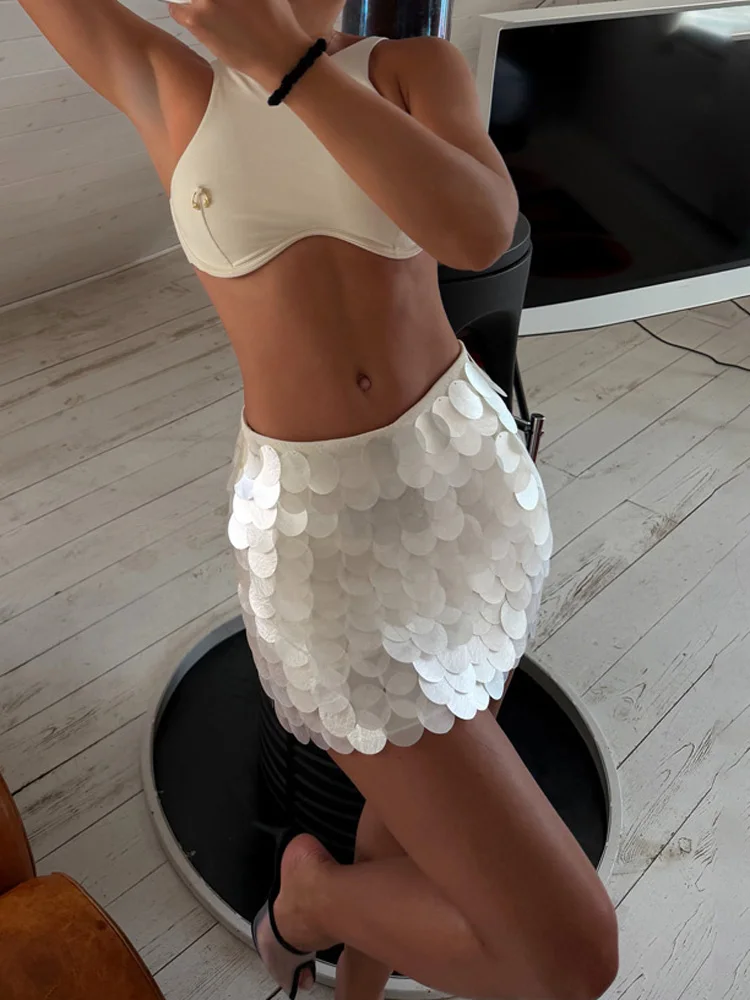 Tossy Sequin Mini Skirt High Waist Bodycon Tassel Trim Above Knee Party Club Night Out Cocktail 3D Paillette Fitted Women Skirt