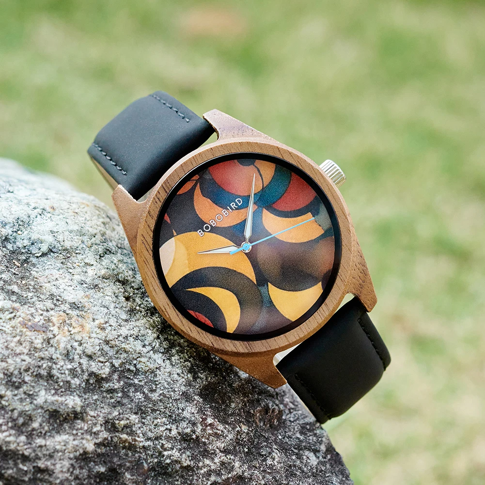 BOBOBIRD Men's Wooden Quartz Watch 2025 New Design Black Leather Strap Walnut Wood Hands Wristwatch Gift for Men