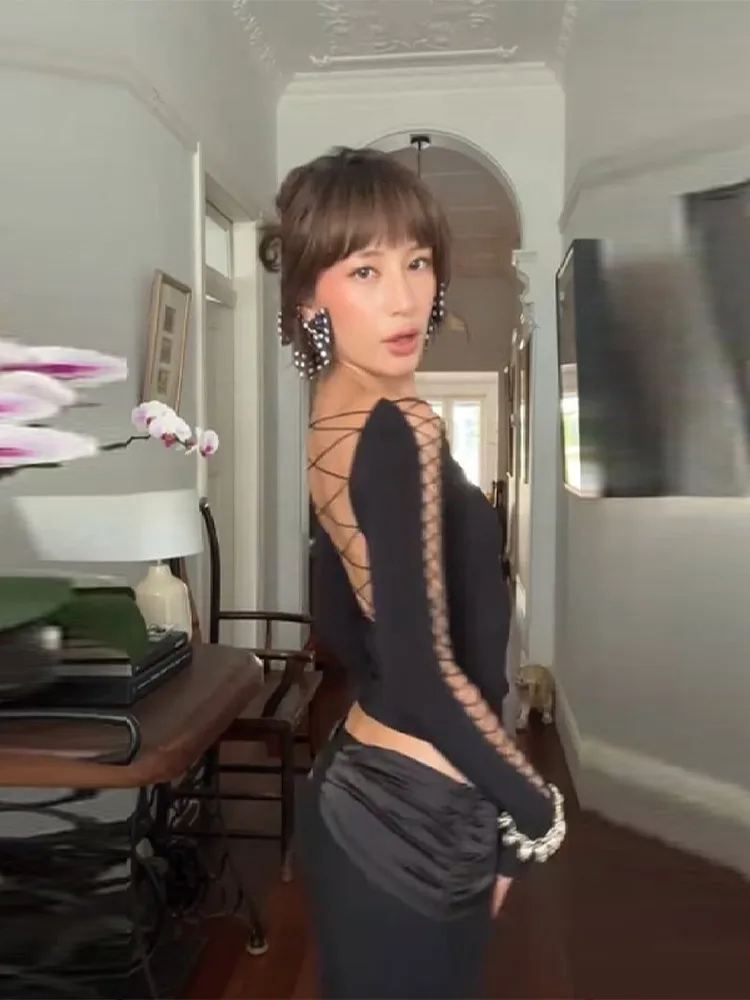 مثير سيدة سليم المناسب الأسود الأعلى الدانتيل يصل عارية الذراعين ساحة طوق كم طويل كل مطابقة قاعدة طبقة أزياء المرأة الجديدة اليومية صالح