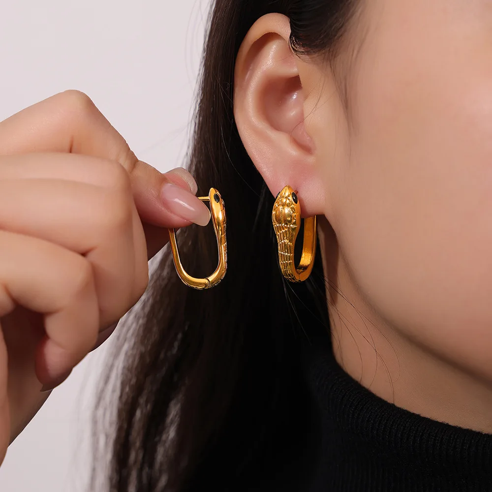 Luxury hip-hop personality snake shaped earrings zircon -encrusted titanium U-shaped earring accessories