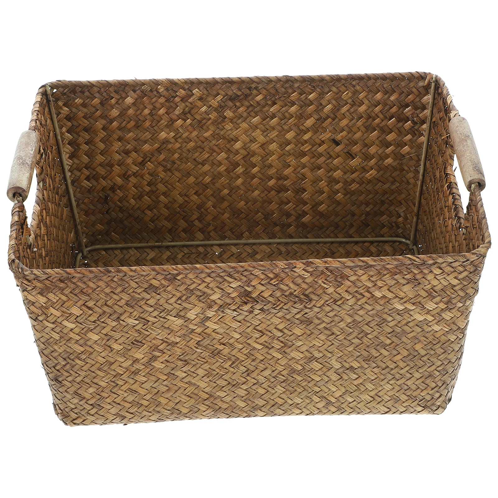 

Natural Seagrass Basket with Wooden Handles Multi-Functional Storage Box for Desktop Organizing Household Sundries Decorative