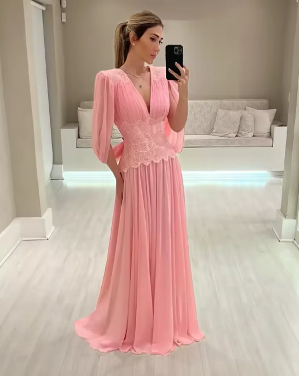 Personalizado elegante rosa mãe da noiva vestidos com decote em v capa vestido de convidado de casamento renda cintura até o chão vestidos de noite 2025