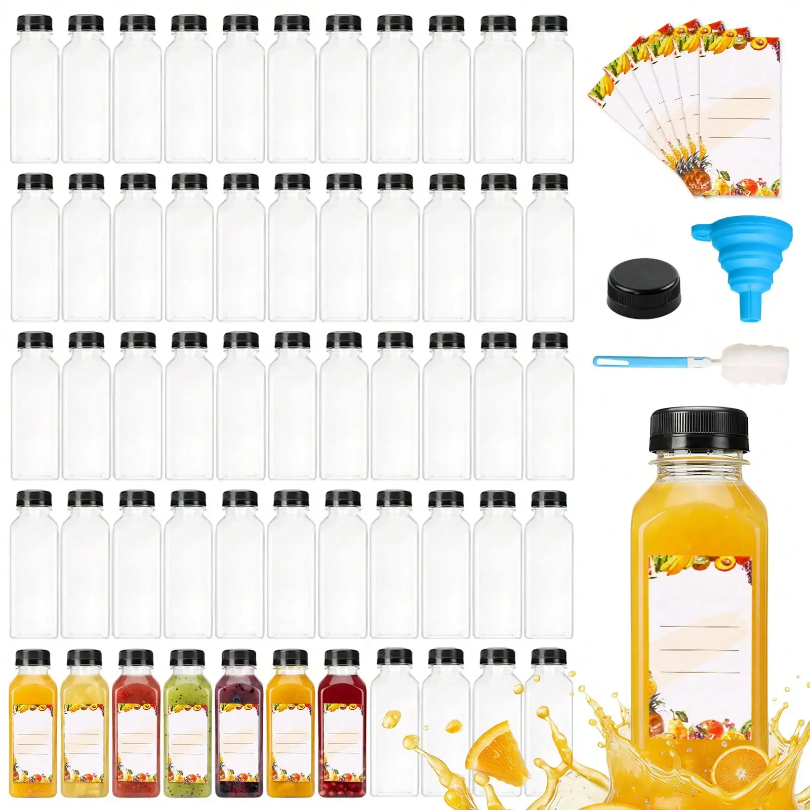 36/40/45/56/128‑Pack 12oz Reusable Clear Plastic Juice Bottles with Lids, Beverage Containers with Caps for Juice, Milk & Smoothie, Complete Kit with Funnel, Cup Brush & Stickers