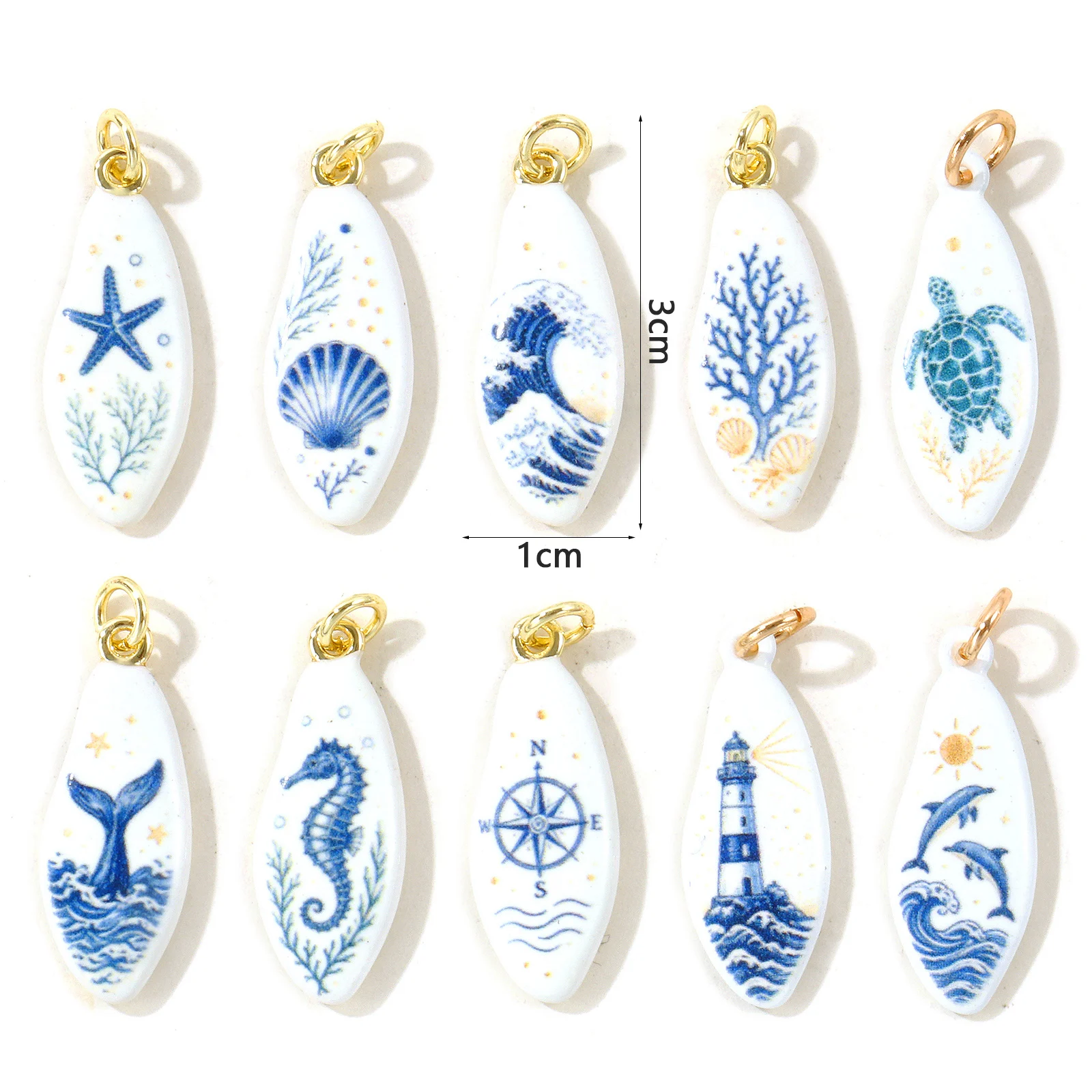 1pc New Ocean Jewelry Turtles Seahorses Drop Charms 18K Gold Plated Blue Double-sided Enamel Printed Brass Pendant DIY Jewelry