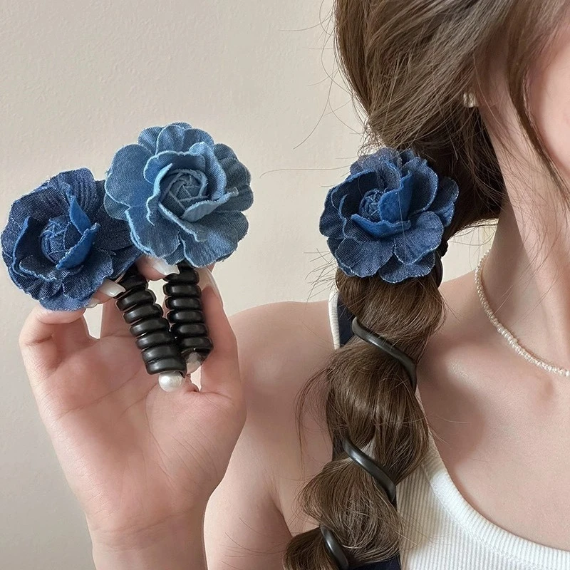 

Джинсовая эластичная резинка для волос с камелией, стильная резинка для волос с цветком для хвостиков и косичек, модная веревка для волос, ювелирные изделия, оптовая продажа