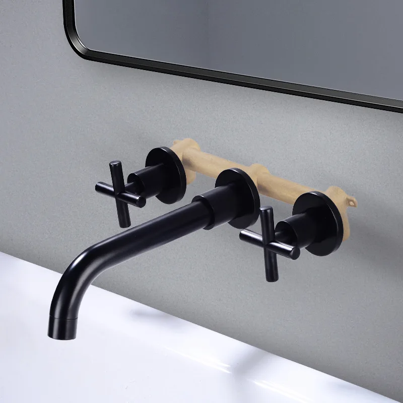 All copper bathroom with concealed wall basin faucet, black pre embedded hot and cold dual handle water embedded wall drainage f