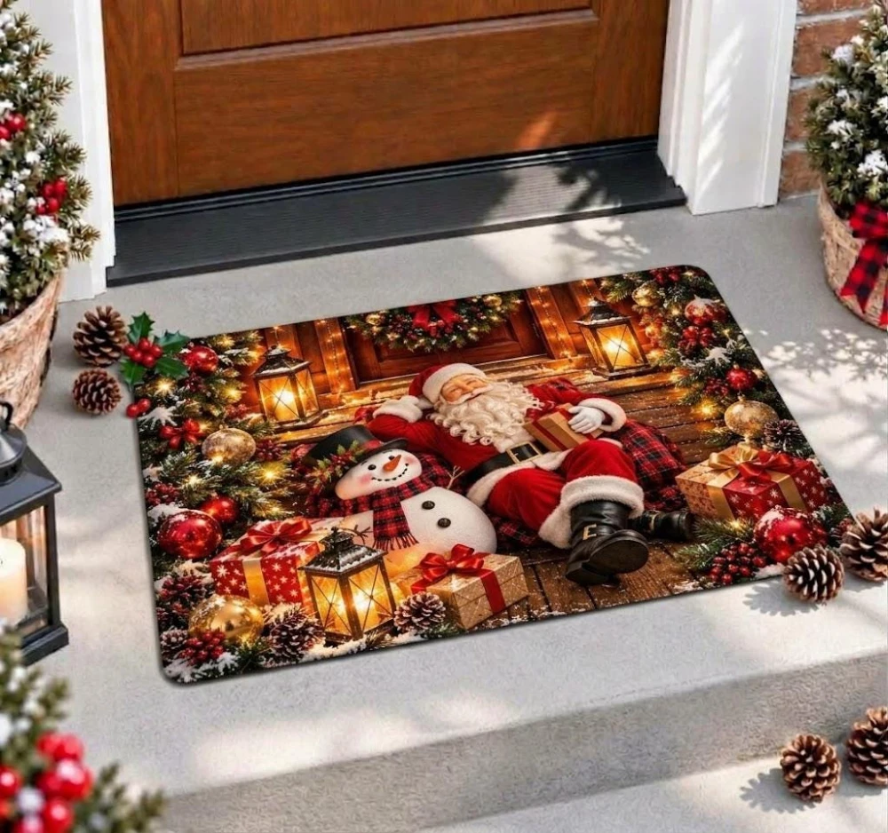 3D Santa Claus Chimney Doormat Funny Christmas Gift Welcome Rug Realistic Snow Stone Winter Entrance Floor Mat Area Rug