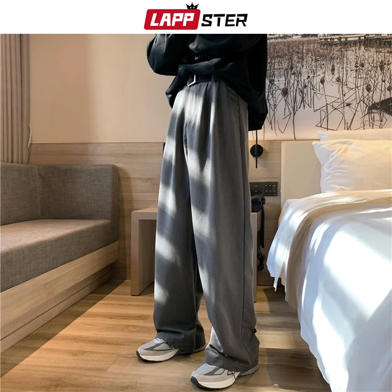 LAPPSTER Homens Faions Coreano Perna Larga Sweatpants 2023 Mens Preto Harajuku Calças Harem Baggy Masculino Japonês Streetwear Corredores