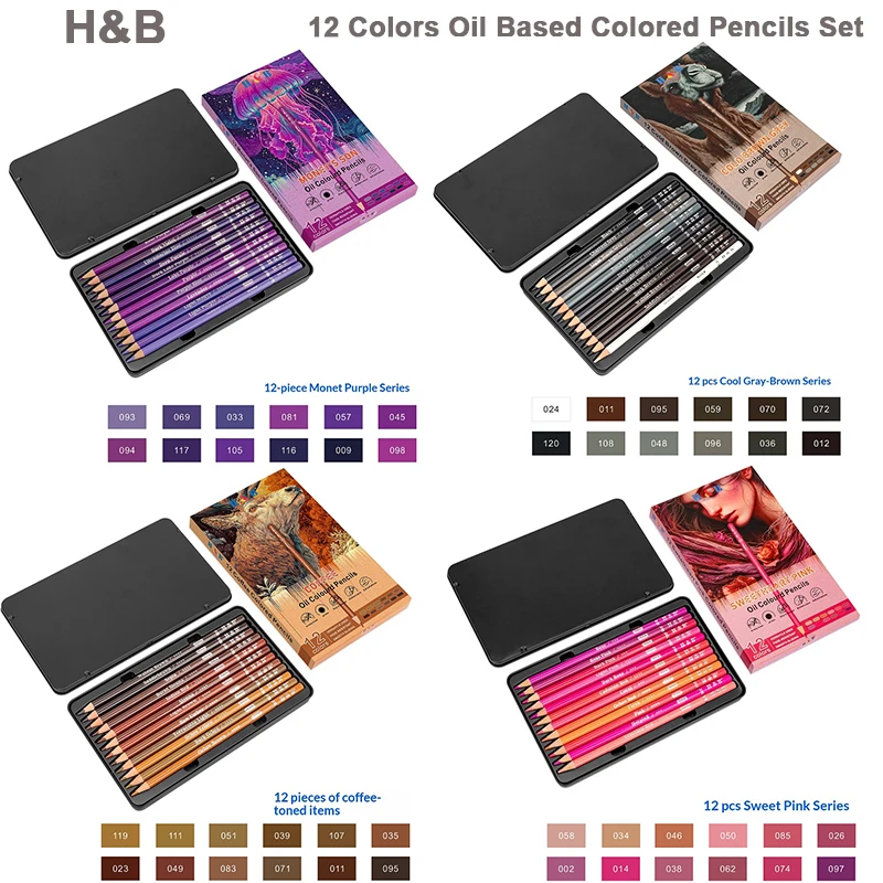 H&B Oil Colored Pencils 12 Colors Set Clear Lines & Natural Blending, Strong Coverage, Not Easy to Fade, Portable Metal Tin Case